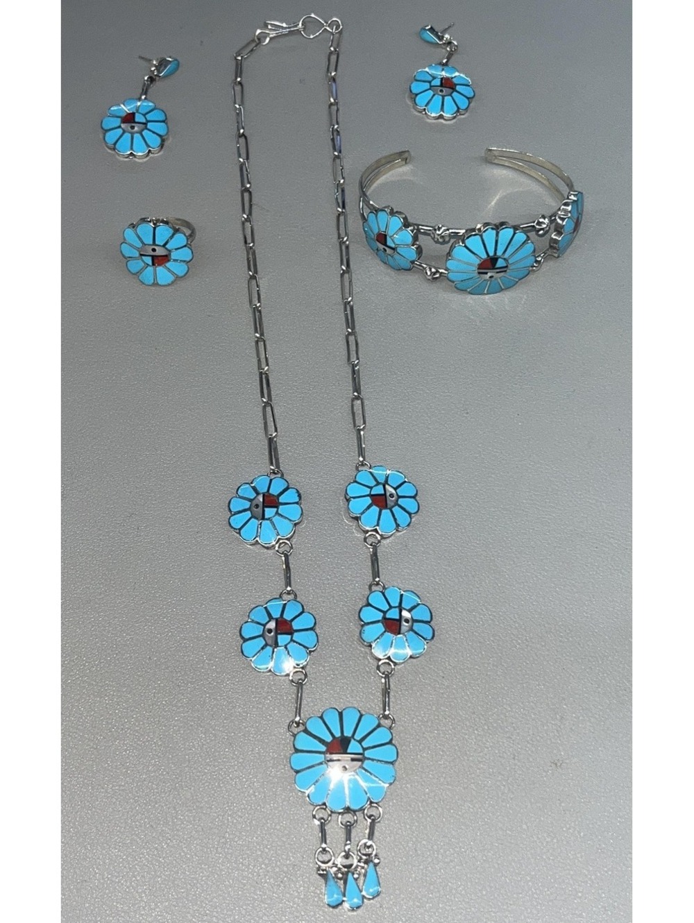 Zuni sterling silver necklace inlay turquoise sunface set ring, earrings